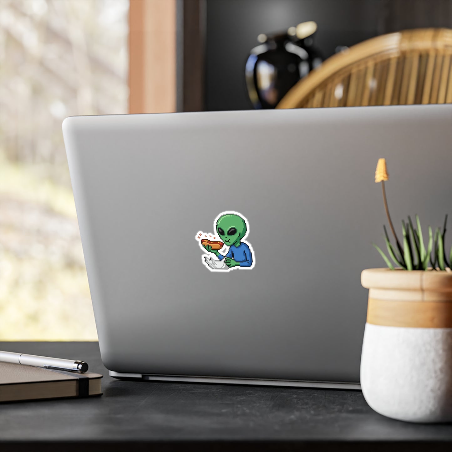 Alien Eating Hot Dog Vinyl Sticker — Kiss-Cut Decal for Laptops, Water Bottles & Windows