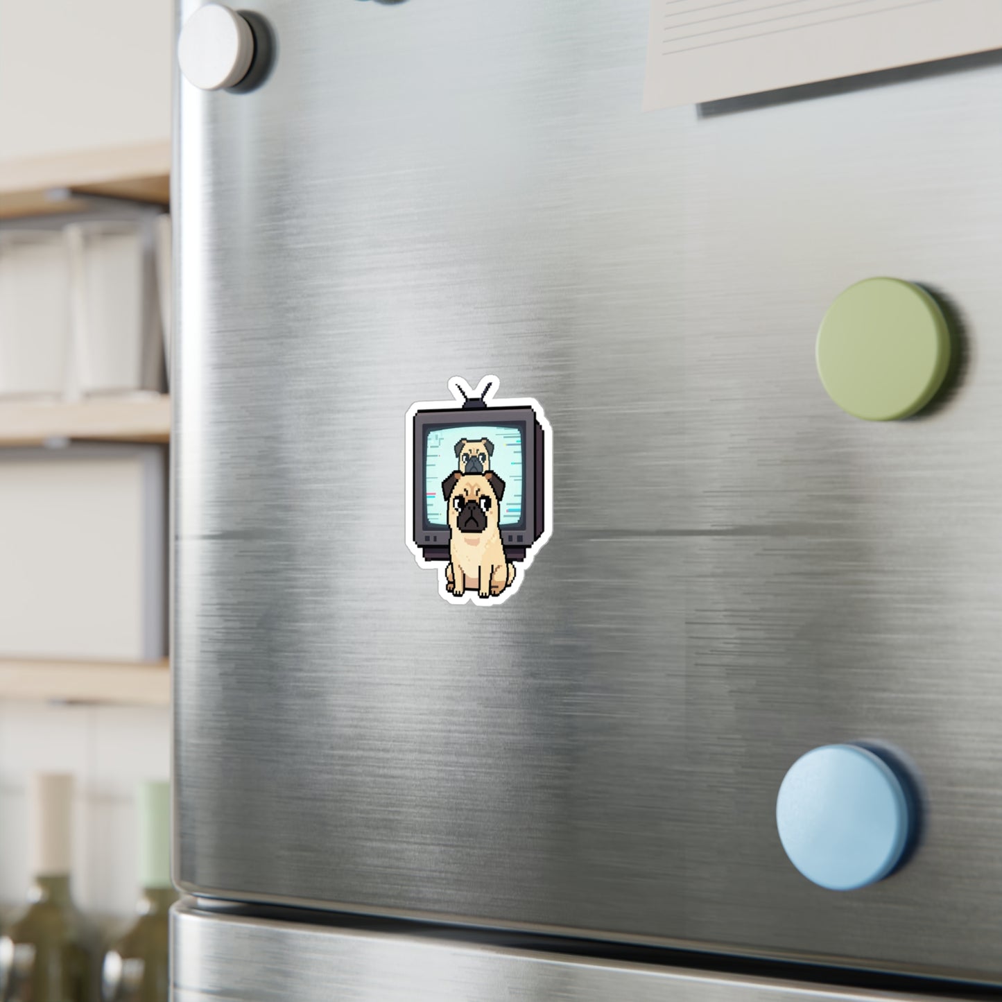 Pug TV Pixel Art Vinyl Sticker — Retro Cute Kiss-Cut Decal