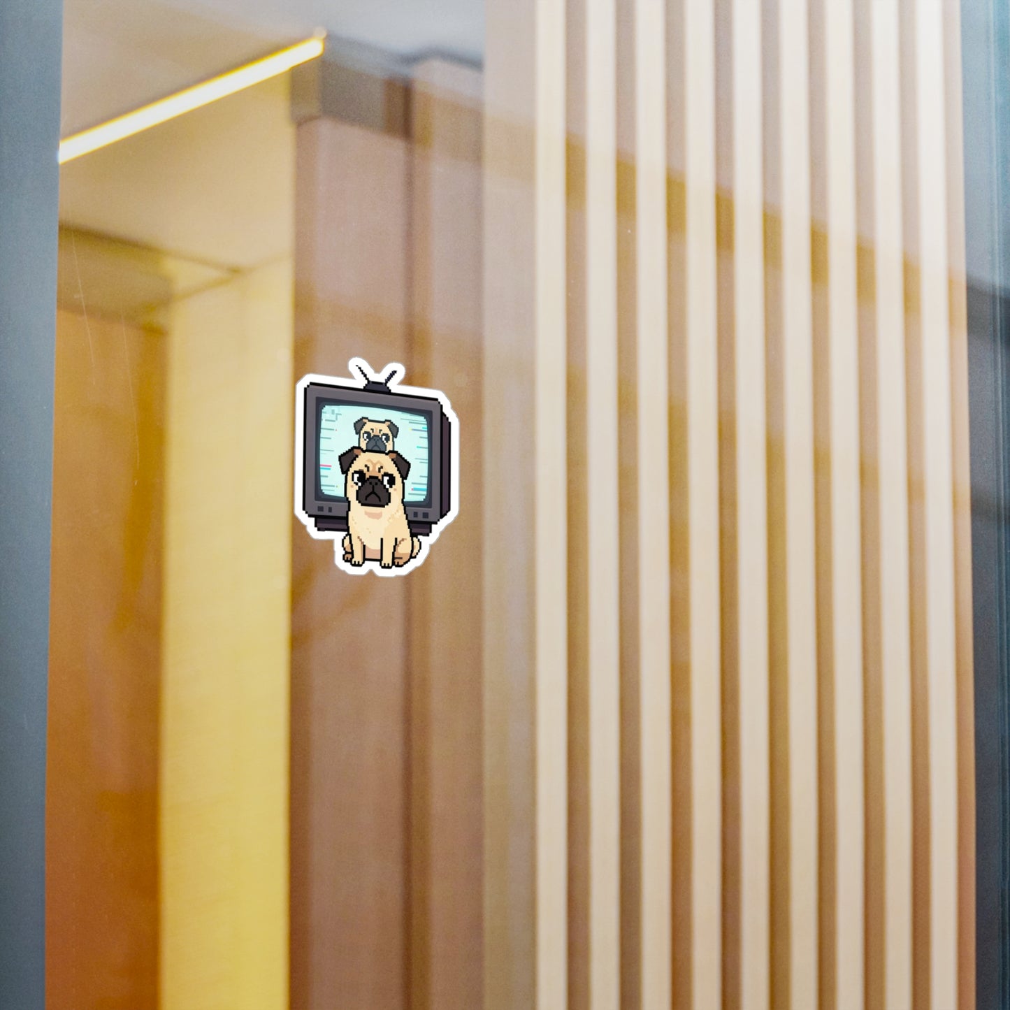 Pug TV Pixel Art Vinyl Sticker — Retro Cute Kiss-Cut Decal