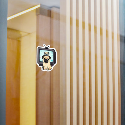 Pug TV Pixel Art Vinyl Sticker — Retro Cute Kiss-Cut Decal