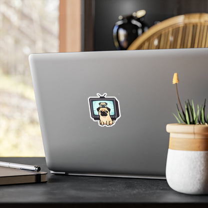 Pug TV Pixel Art Vinyl Sticker — Retro Cute Kiss-Cut Decal