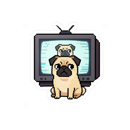 Pug TV Pixel Art Vinyl Sticker — Retro Cute Kiss-Cut Decal