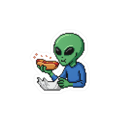 Alien Eating Hot Dog Vinyl Sticker — Kiss-Cut Decal for Laptops, Water Bottles & Windows